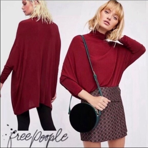 Free People We The Free Wool Batwing Turtleneck Top Maroon Burgundy Size Small - Picture 3 of 15